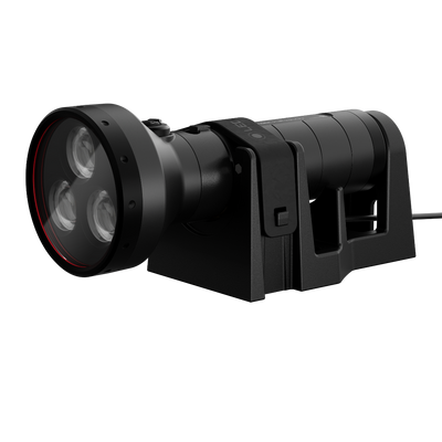 P18R Signature Torch displayed at an angle mounted on a bracket with a three lens head in black