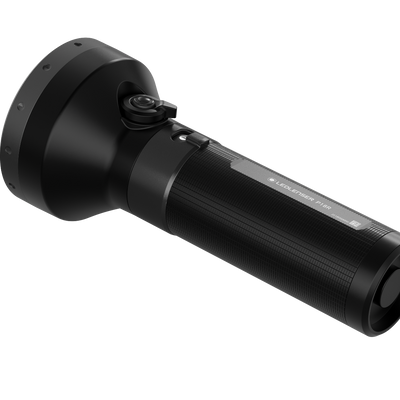 Ledlenser P18R Torch angled view showing black textured handle and large front head with side control switch