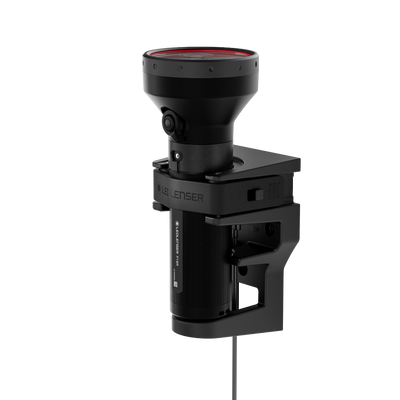 Ledlenser P18R Torch mounted on an industrial helmet rig mounting with clamp and cable black finish and visible headlamp housing