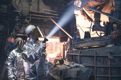 Industrial scene with workers in protective suits and a beam of light from a P18R Torch