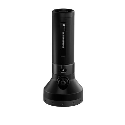 Ledlenser P18R Torch shown in vertical orientation with cylindrical black housing textured grip and base charging dock