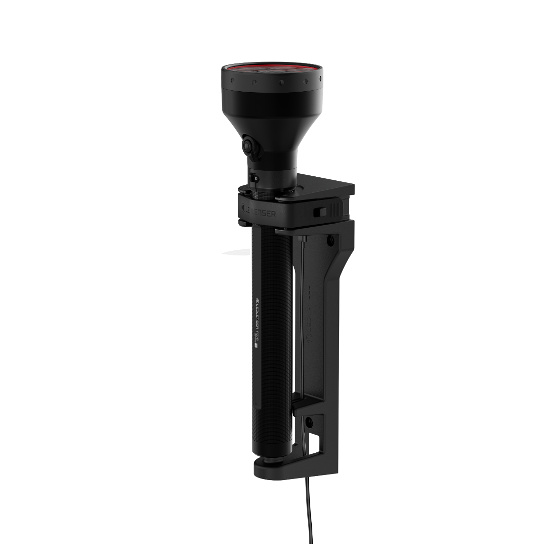 Ledlenser P21R Torch mounted on a vertical wall bracket; black finish with red lens cap visible