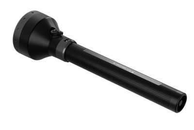 Ledlenser P21R Torch with large black head and textured black handle shown at a side angle