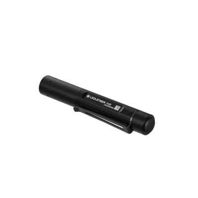 Ledlenser P2R Torch compact rechargeable torch with textured grip and side clip shown diagonally against a black background