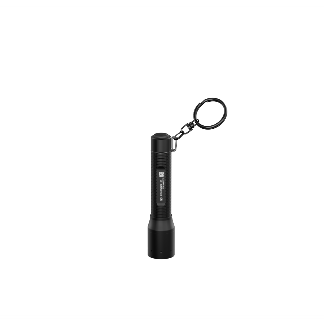 Ledlenser P3 Torch compact handheld flashlight in black with a key ring attachment shown upright