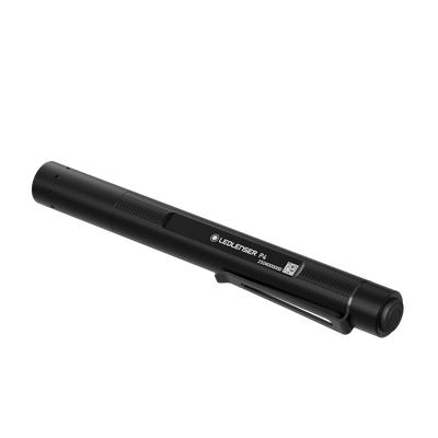 Ledlenser P4 Torch shown at a slight angle compact black handheld torch with clip and textured grip