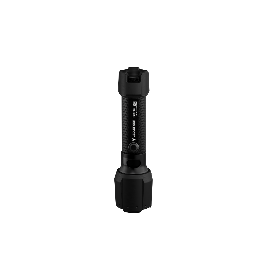 Ledlenser P5R Pro Torch upright with textured black grip compact head and visible branding on a black background