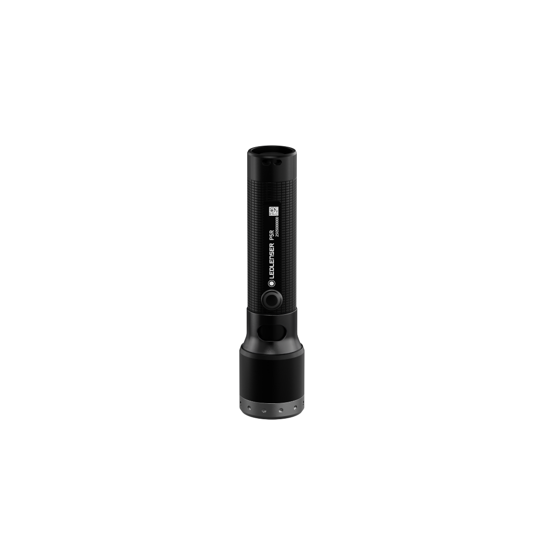 Ledlenser P5R Torch standing upright in black with textured grip and silver base