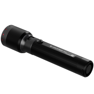 Ledlenser P6R Torch angled left profile showing black cylindrical rechargeable flashlight with textured grip and side control button