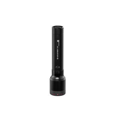 Ledlenser P6R Torch in black cylindrical design with textured grip upright orientation and visible base showing charging battery area