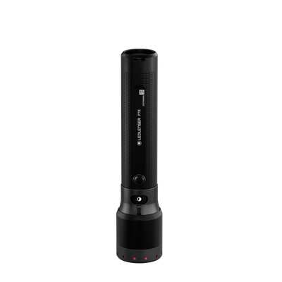 P7R Pro Torch by Ledlenser upright black handheld torch with textured grip and visible red indicators at base