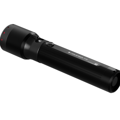 Ledlenser P7R Torch angled view with black textured body side switch and red accent dots on the head