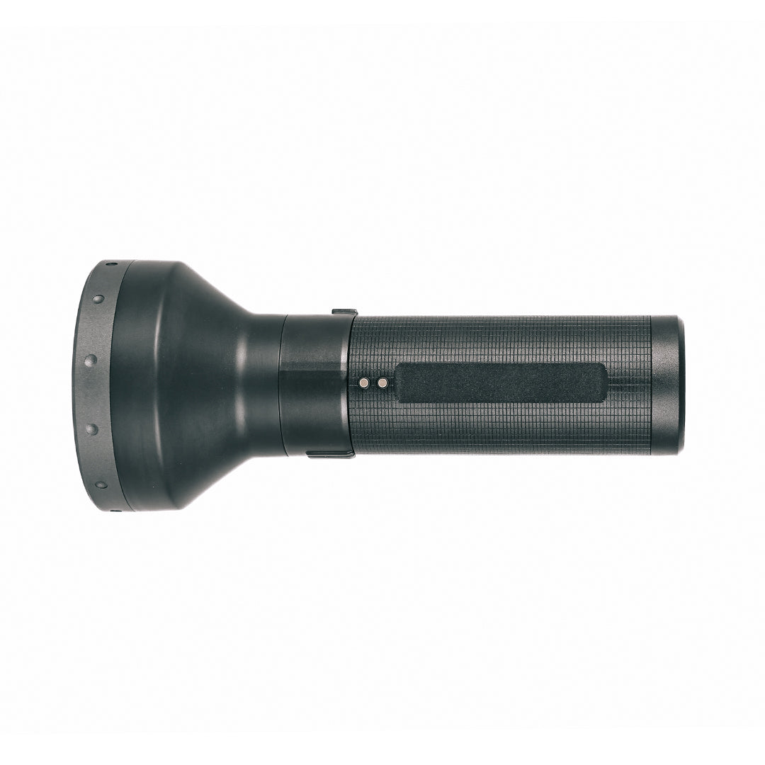 Ledlenser P18R Torch side view showing a black rechargeable flashlight with a textured grip and cylindrical body