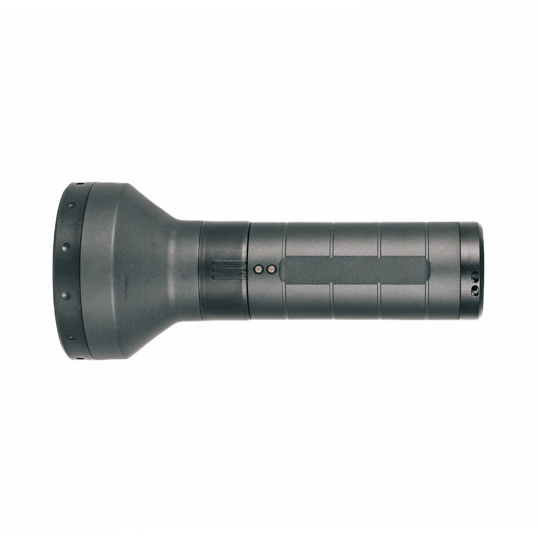 P18R Signature Torch side view of a compact cylindrical LED torch with a textured grip and tail end shown in dark finish