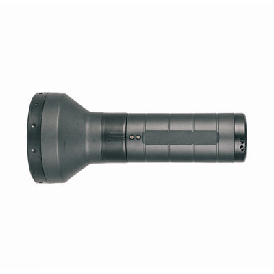 P18R Signature Torch side view of a compact cylindrical LED torch with a textured grip and tail end shown in dark finish