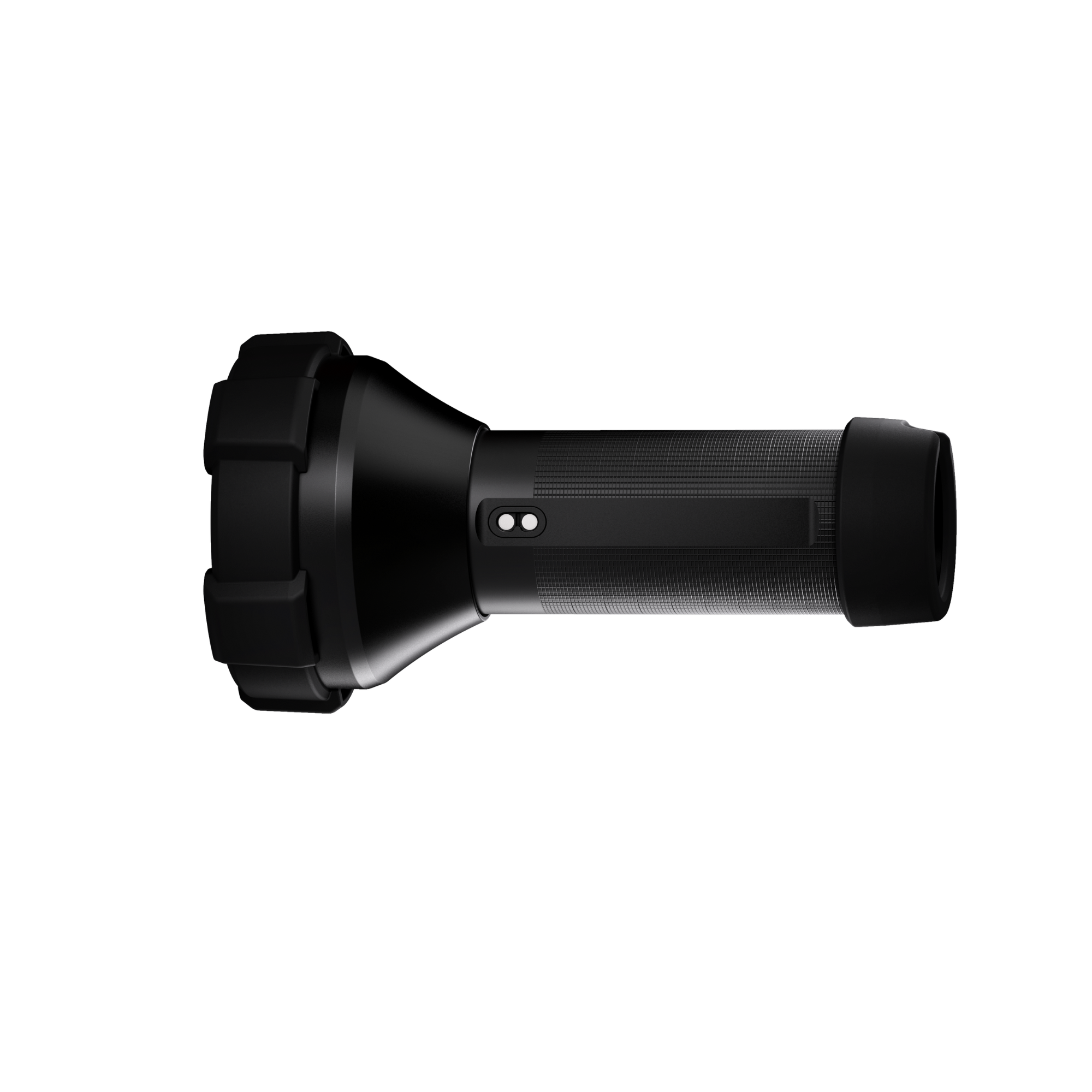 P18R Work Torch viewed from side black cylindrical handheld flashlight with textured grip and rear end cap