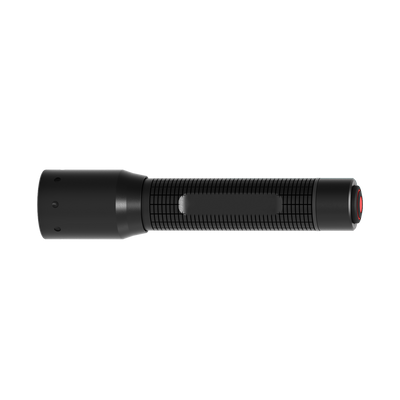Ledlenser P3 Core Torch in black with textured grip shown from the side with red power button at the tail end