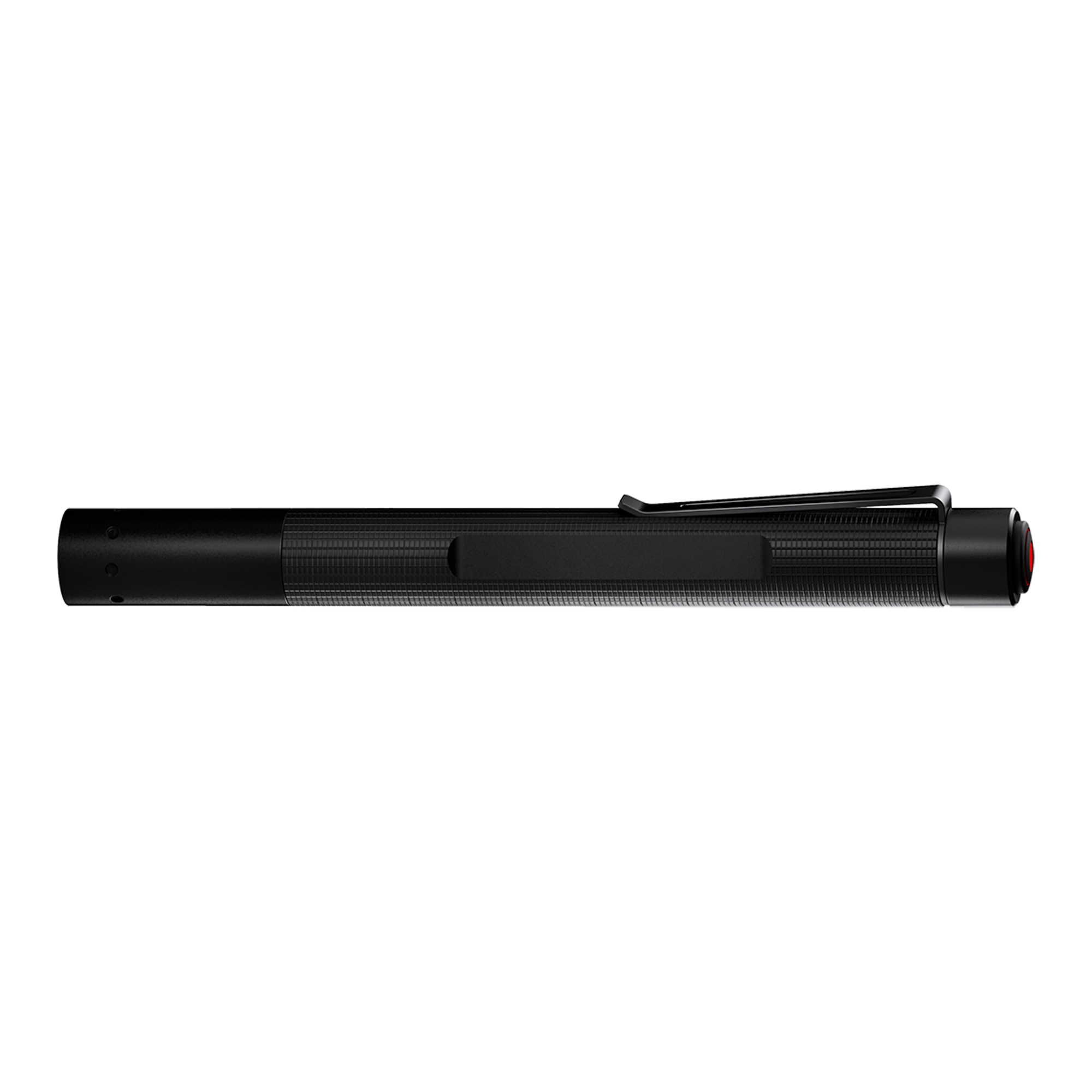 Ledlenser P4 Core Torch in black horizontal side view showing textured grip pocket clip and red end cap