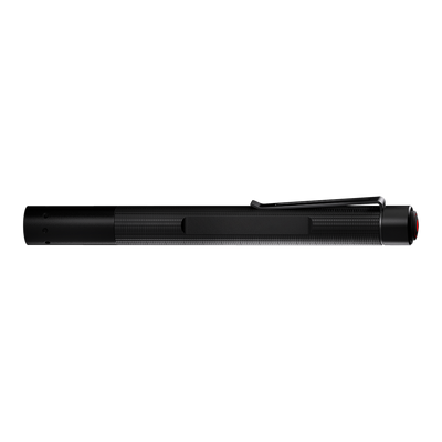 Ledlenser P4 Core Torch in black horizontal side view showing textured grip pocket clip and red end cap