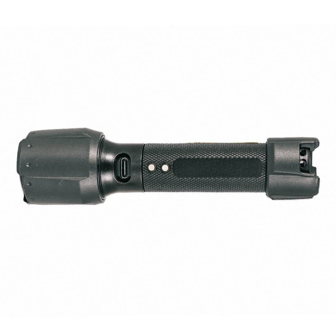Ledlenser P5R Pro Torch compact black rechargeable flashlight with textured grip and USB C charging port (side view)