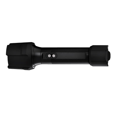 Ledlenser P5R Work Torch side profile of a black compact rechargeable flashlight with textured grip