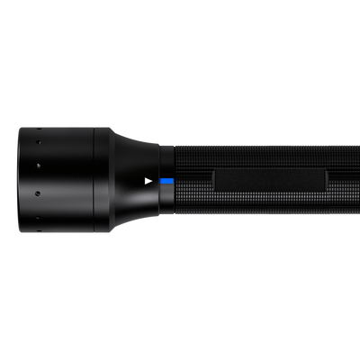 Ledlenser P6R QC Torch horizontal view showing a black cylindrical torch with textured grip and blue QC indicator