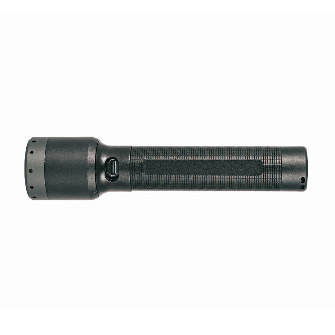 Ledlenser P6R Torch black cylindrical rechargeable flashlight with textured grip and side switch shown in profile with head on left and tail cap on right