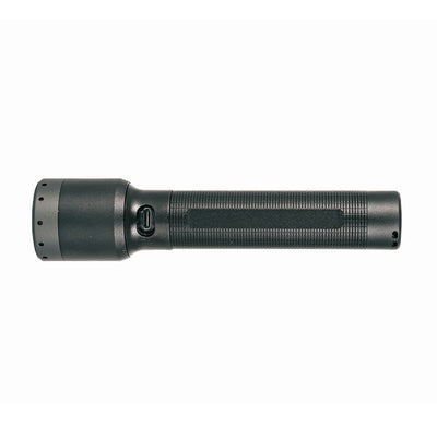 Ledlenser P6R Torch black cylindrical rechargeable flashlight with textured grip and side switch shown in profile with head on left and tail cap on right