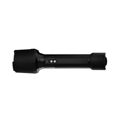 Ledlenser P6R Work Torch side view of a black rechargeable flashlight with textured grip and control switch