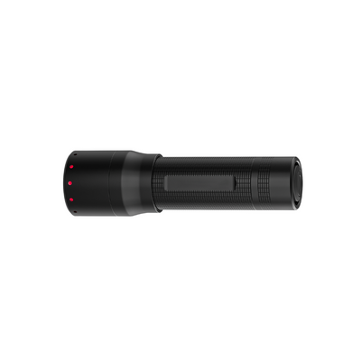 Ledlenser P7 Torch shown in side view with black textured grip and red indicator LEDs on the tail cap