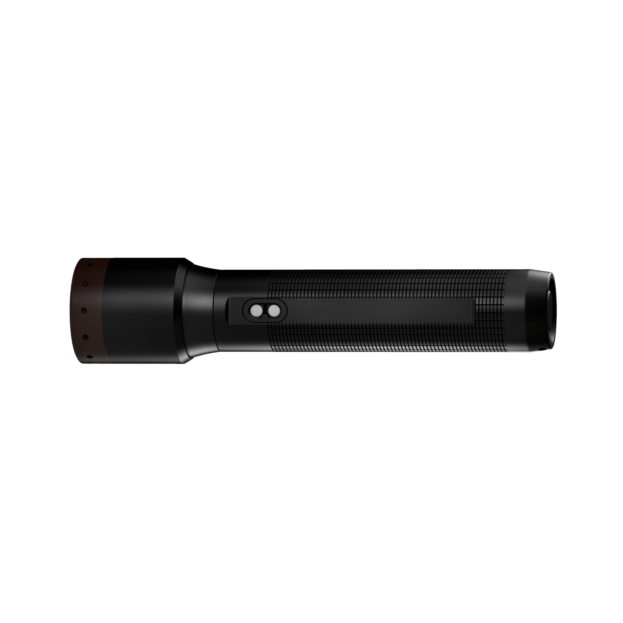 Ledlenser P7R Core Torch side profile of a black handheld rechargeable flashlight with textured grip