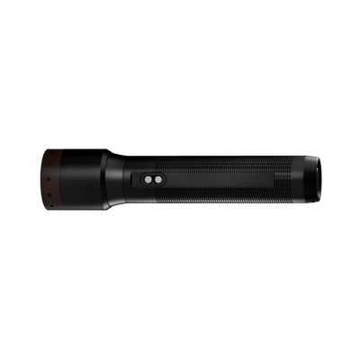 Ledlenser P7R Core Torch side profile of a black handheld rechargeable flashlight with textured grip