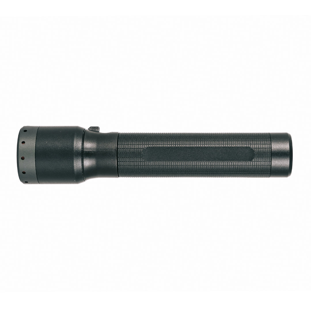 Ledlenser P7R Torch side view; black cylindrical rechargeable flashlight with textured grip and tail cap