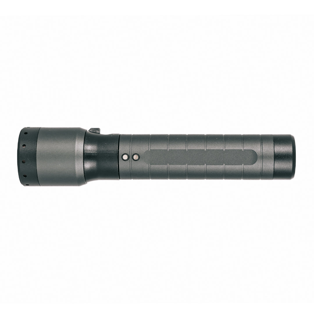Ledlenser P7R Signature Torch in dark gray with textured grip shown laying horizontally