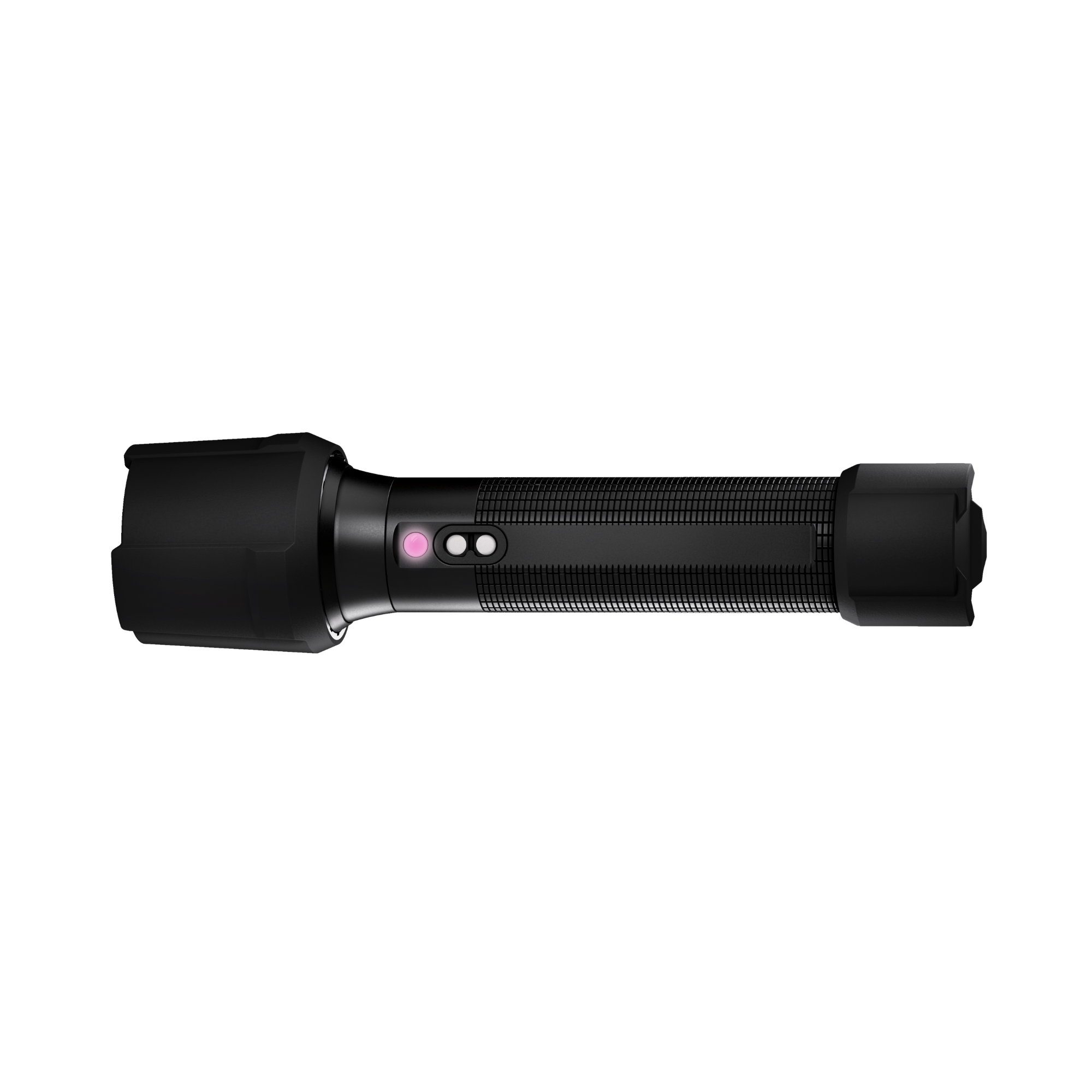 Ledlenser P7R Work UV rechargeable torch in side profile with textured grip and pink activation button