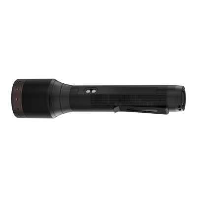 Ledlenser P9R LEP Torch side view of black textured flashlight with integrated switch