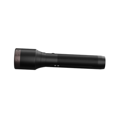 Ledlenser P9R LEP Torch side view black cylindrical flashlight with textured grip and brown head ring showing side control buttons