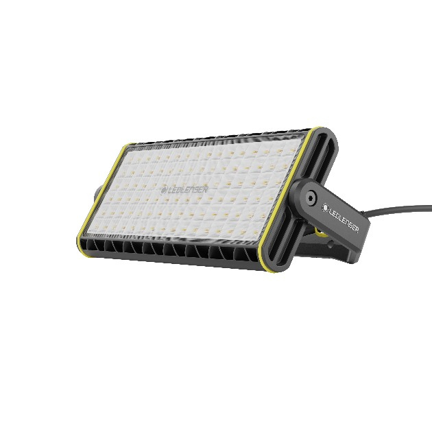 AF12C Work Floodlight by Ledlenser showing a rectangular LED panel in a black housing with yellow trim and an integrated mounting handle and power cable