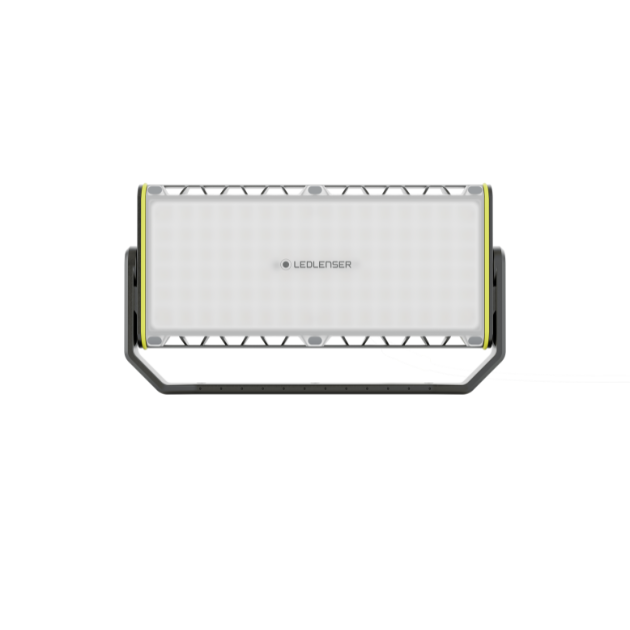 AF12R Work Floodlight with rectangular LED panel yellow trim mounted on a metal stand with connected cable