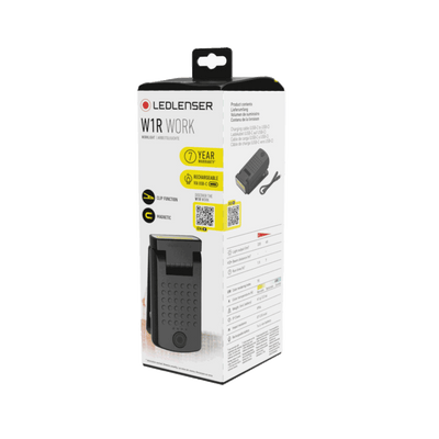 Ledlenser W1R Work Clip Light packaging box displaying the clip light and USB C recharge option with a 7 year warranty badge