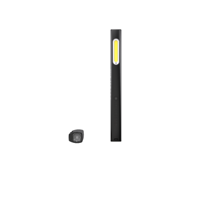 Ledlenser W2 Work Pen Light upright slim black body with a yellow rectangular LED panel shown with a small accessory beside