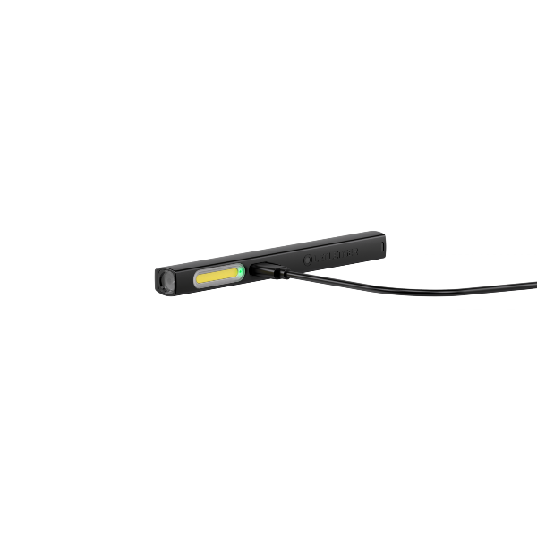 Ledlenser W2R Work Pen Light compact rechargeable torch in black with yellow accent shown with charging cable attached
