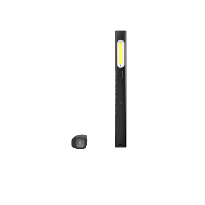 Ledlenser W2R Work Pen and Test Light with slim black body and yellow LED panel shown with a small accessory cap beside it