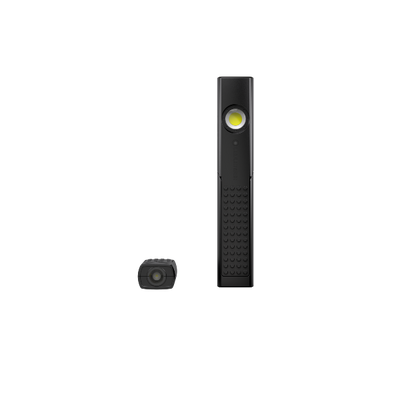 Ledlenser W4R Work Worklight a slim black rechargeable work light with a circular LED face shown beside a small accessory for workshop use