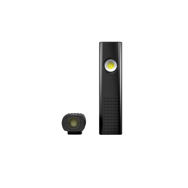 Ledlenser W5R Work Light with detachable compact headlamp shown beside a vertical work light against a black background