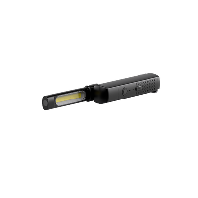 Ledlenser W6R Work Light shown in black handheld configuration with foldable head and textured grip side angle