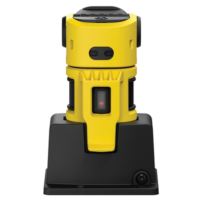 Charging Station for EXC6R showing a yellow Ledlenser light mounted on a black base with charging contacts and a red indicator