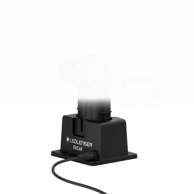 Charging Station for EXC6R with a mounted EXC6R light head on a black base and power cable