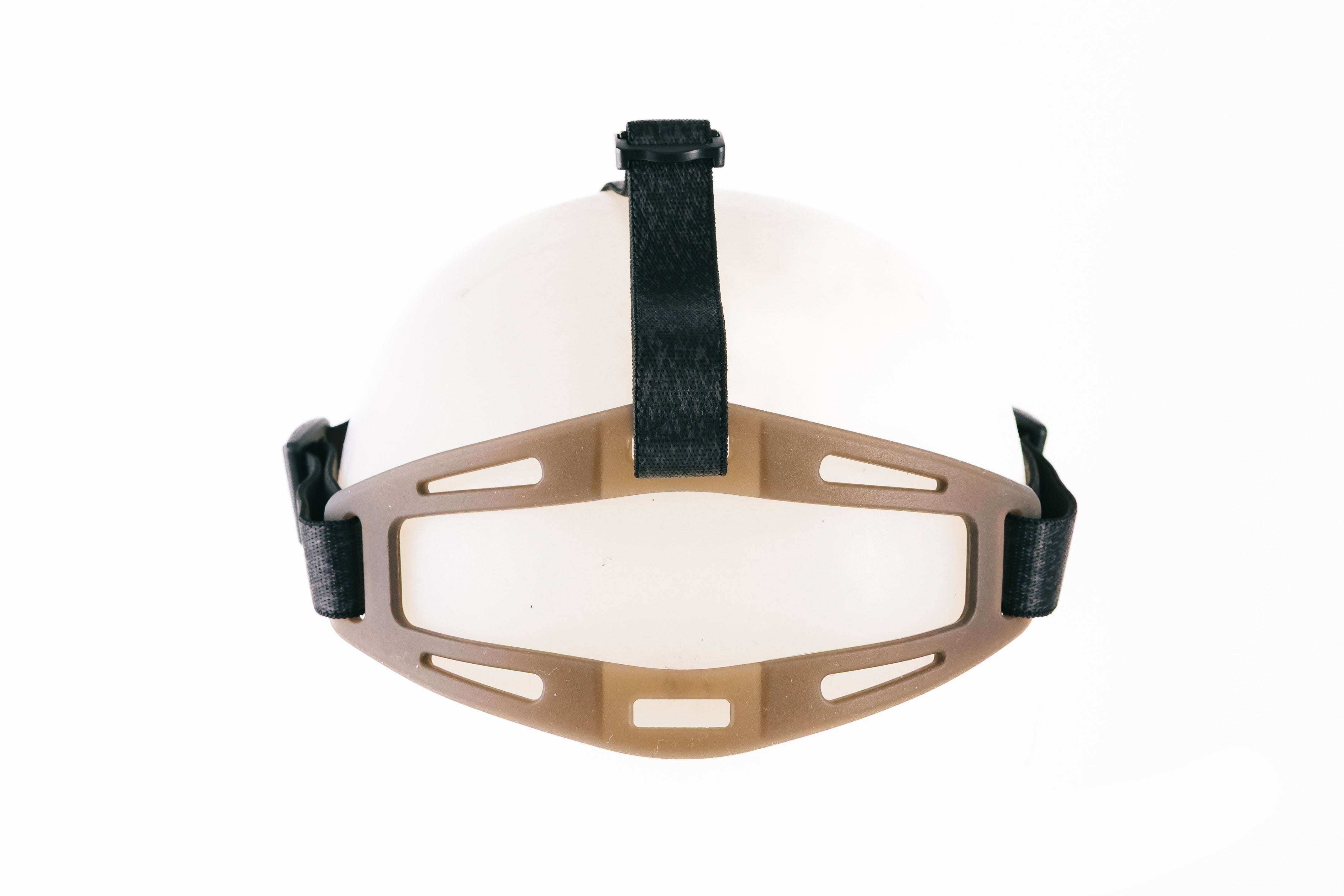 Ledlenser Spare Part Headband HF8R Core Black Poly Bag mounted on a white head form with tan headband frame and black straps