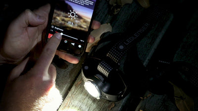 Ledlenser MH11 Blue Outdoor Headlamp on a wooden surface with a person adjusting brightness on a nearby smartphone screen